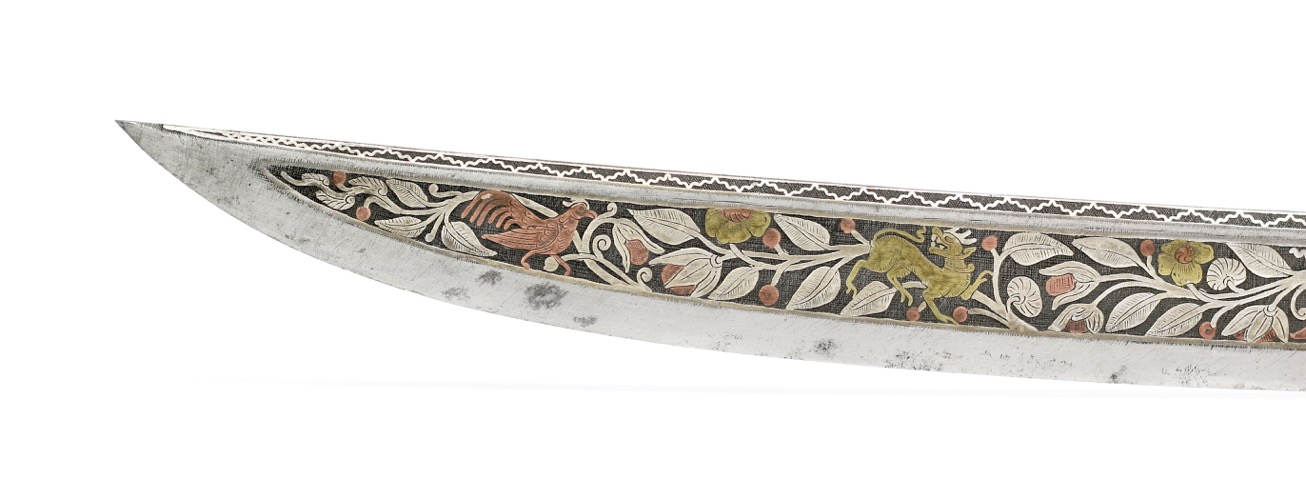 A very nice Burmese dha with spectacular overlaid blade in silver, copper and brass.