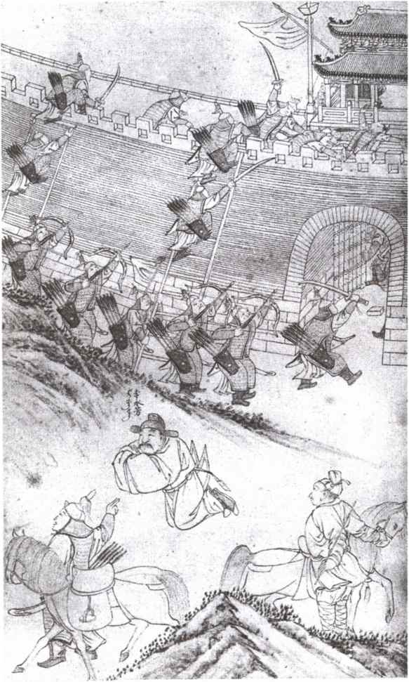 An illustration from the Manchu Veritable Records, showing a battle scene where Nurhaci's Manchus take on Chinese fortifications with ladders.