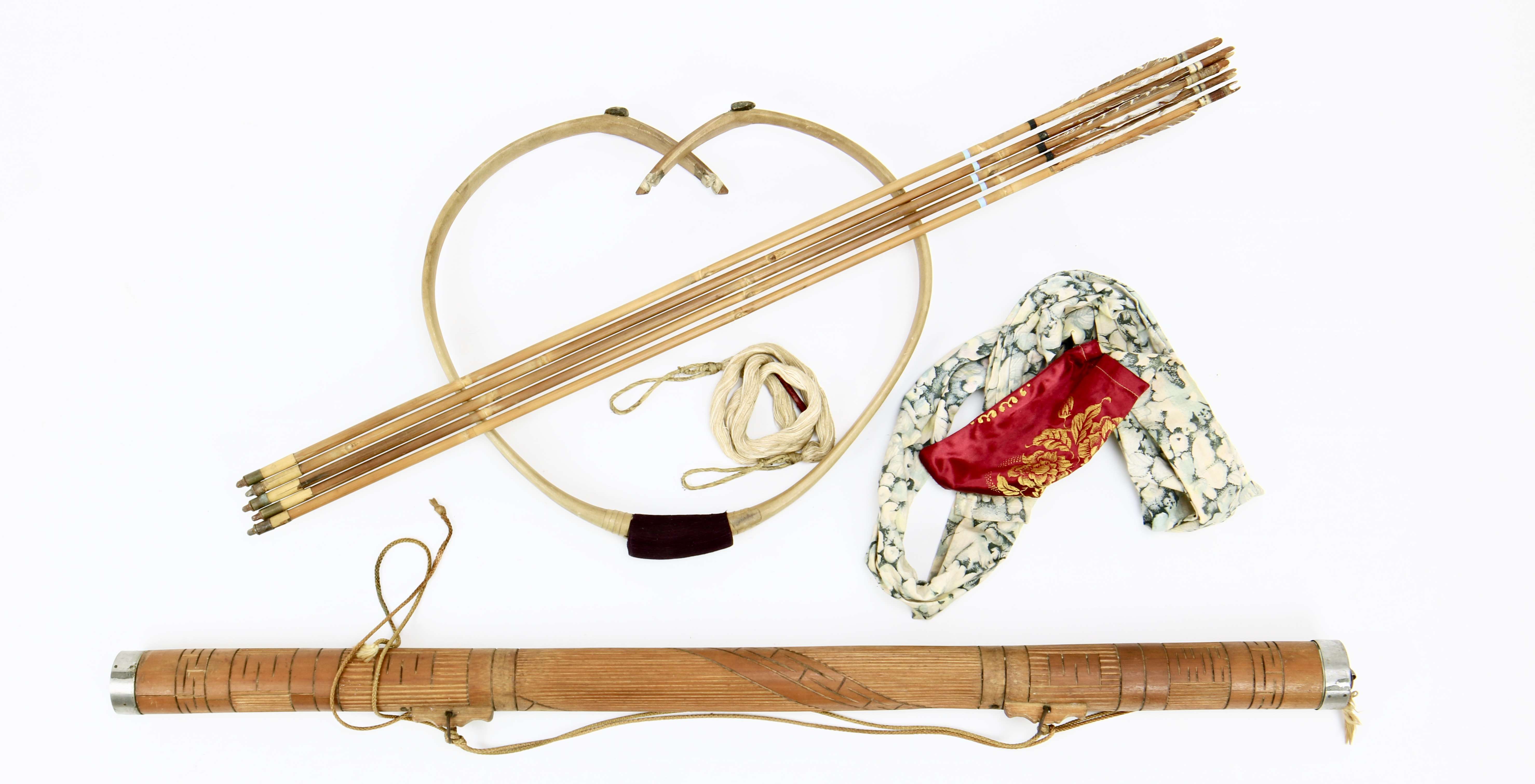 Korean archery set with hornbow, quivers, arrows, bow bag and string