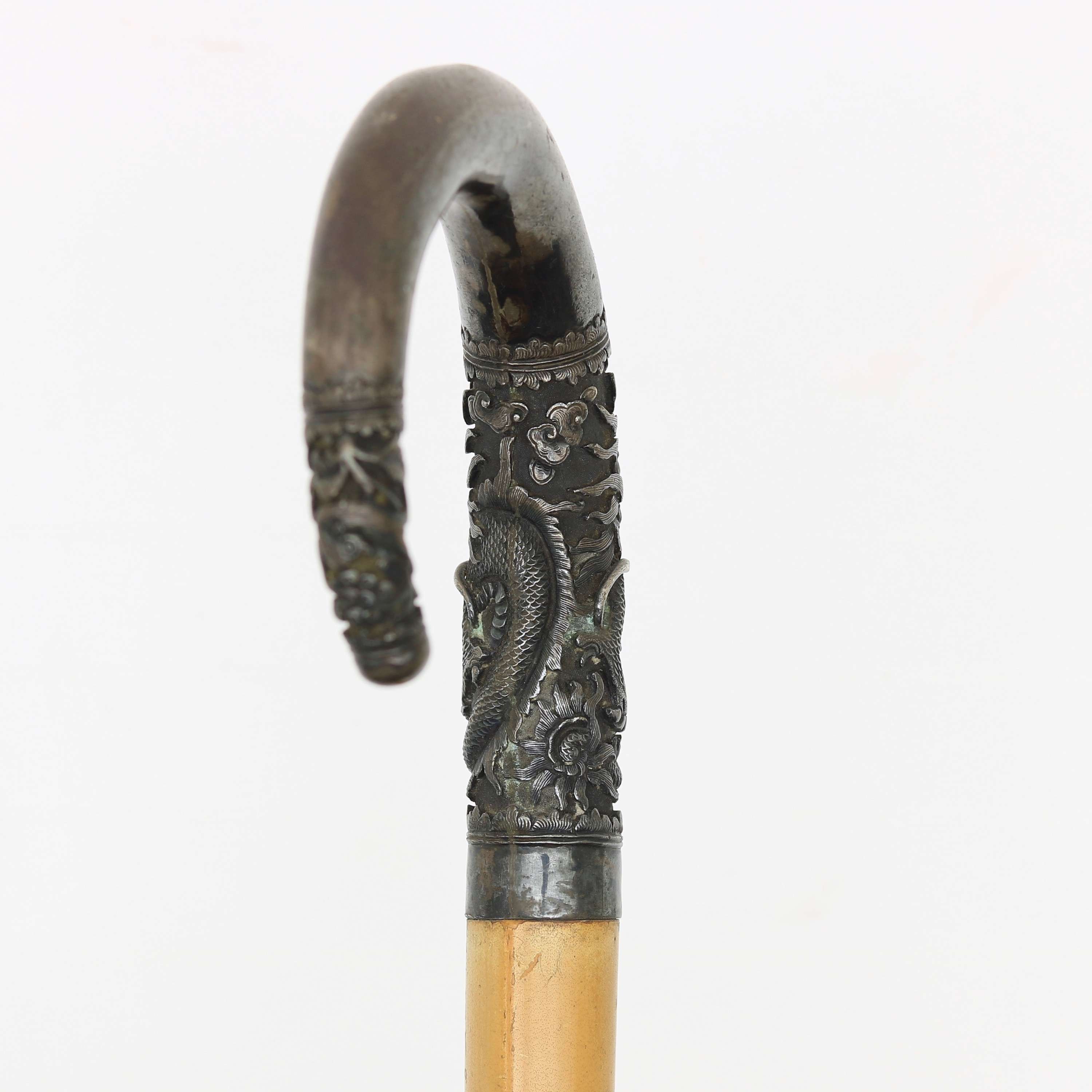 Vietnamese crook handle cane with silver handle