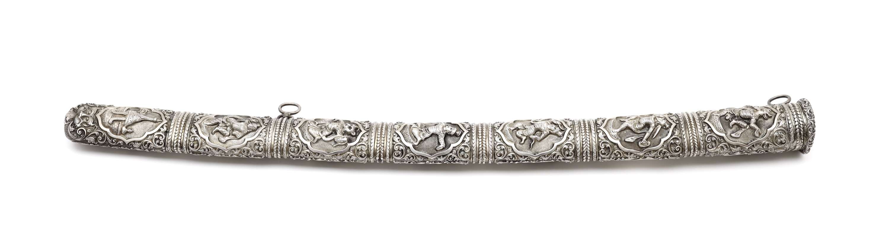 Fine Burmese silver repousse sword scabbard